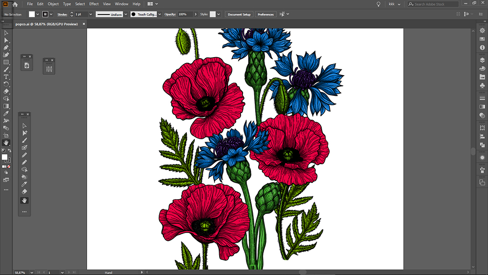 A look at Katerina's drawing of red poppies and a blue cornflower on a white background on Photoshop