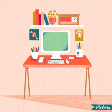 Drawing of a pink workspace with a computer, desk, bookshelf, pencils and plant