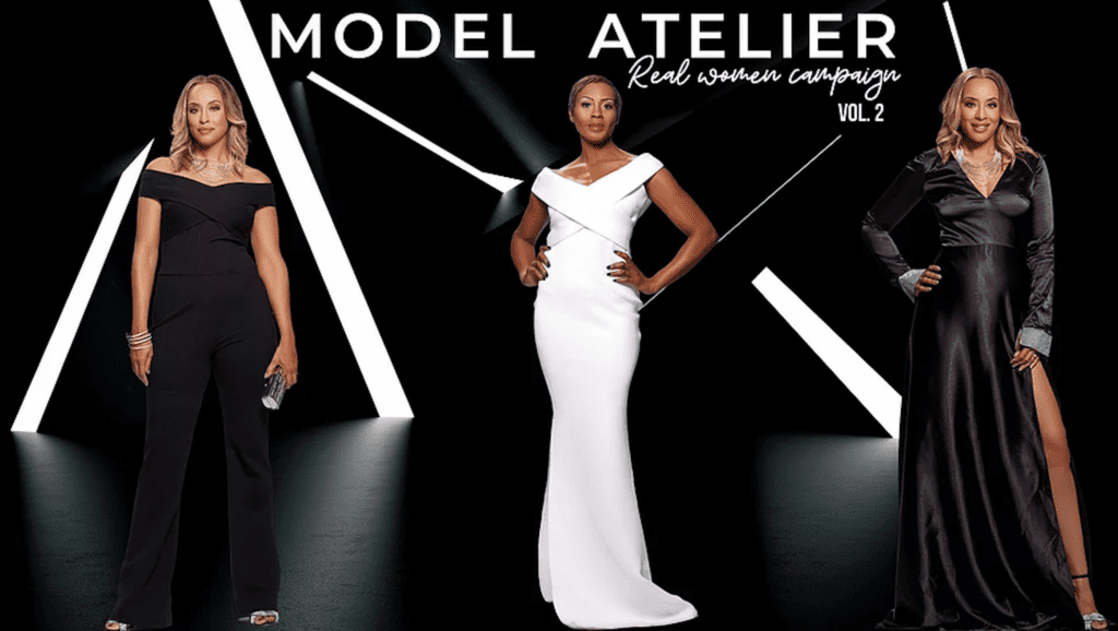 Three models wearing dresses from Model Atelier