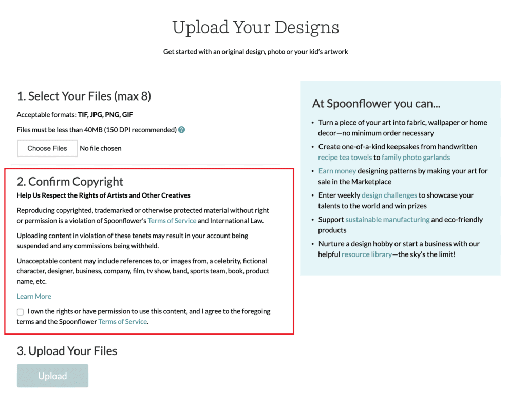Spoonflower "Upload Your Designs" page asking uploader to confirm copyright