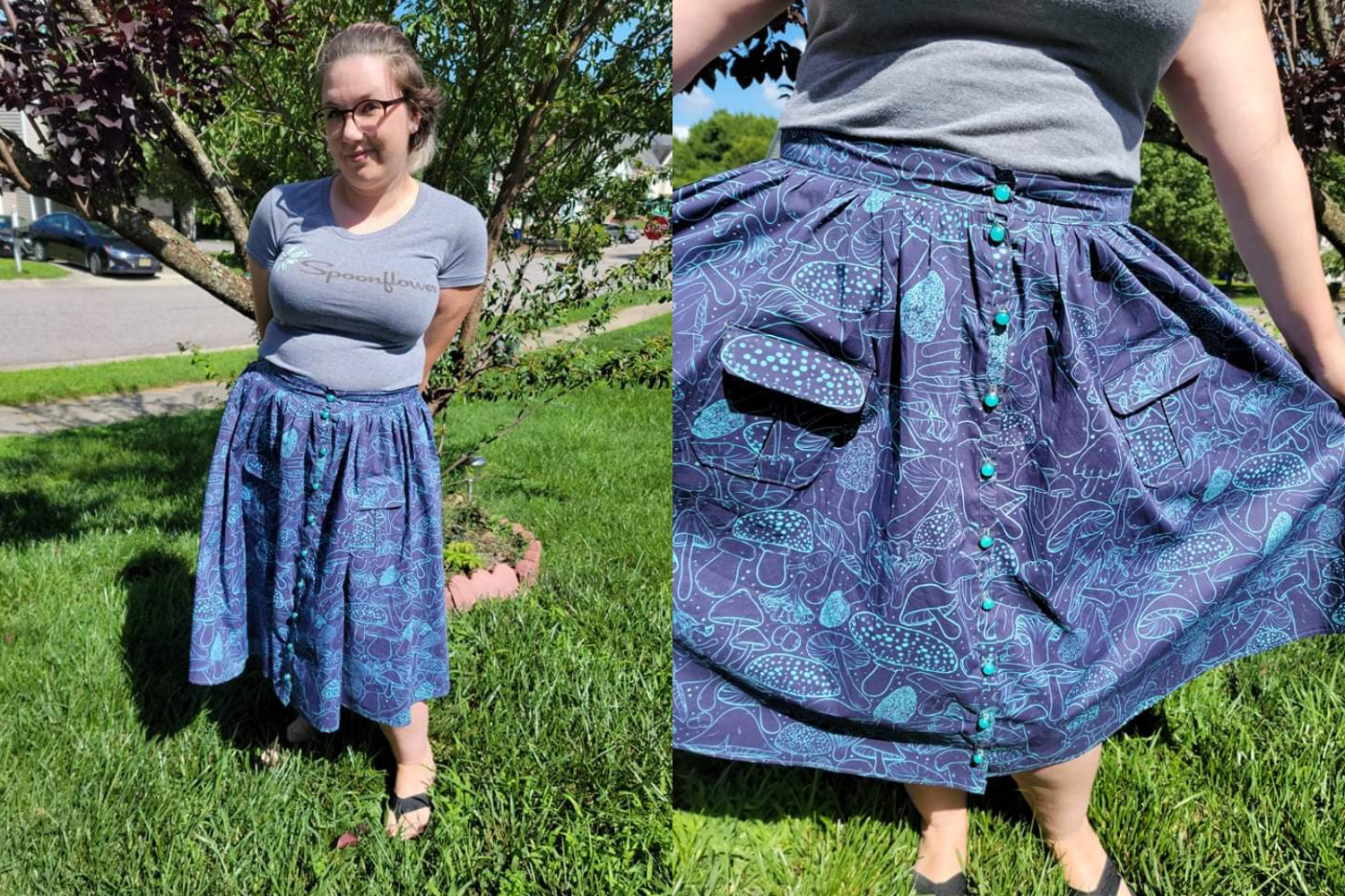 Skirt with a purple and blue mushroom design