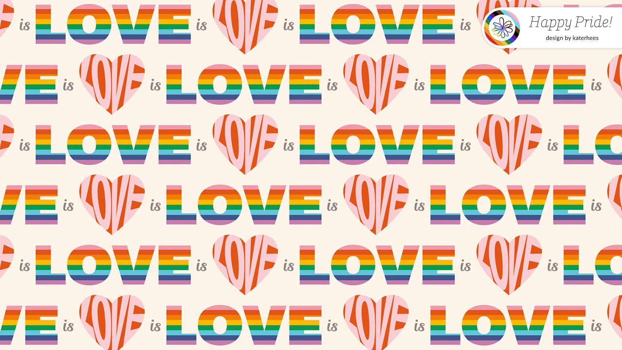 Virtual background with the word Love in a raindbow pattern that also says "Happy Pride!"