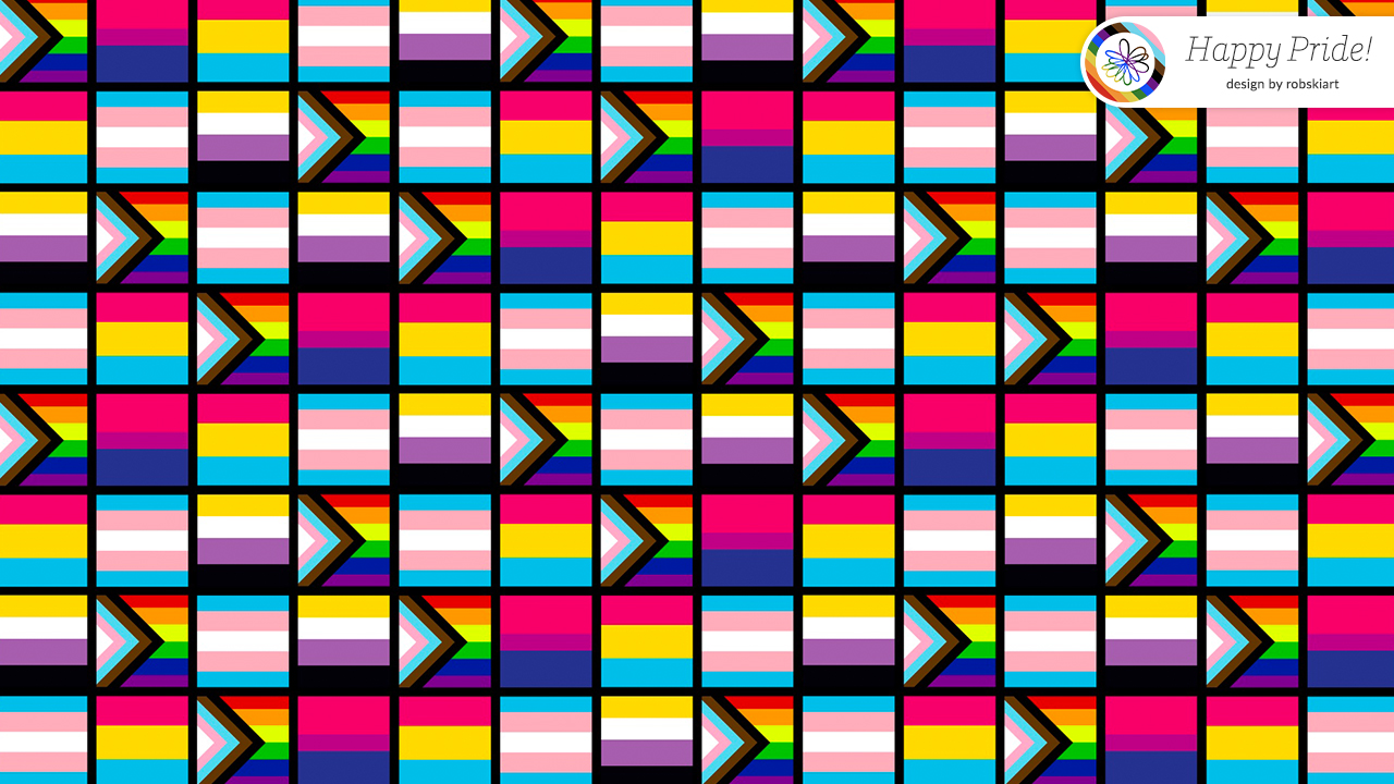 Virtual background with Pride Flags that also says "Happy Pride!"