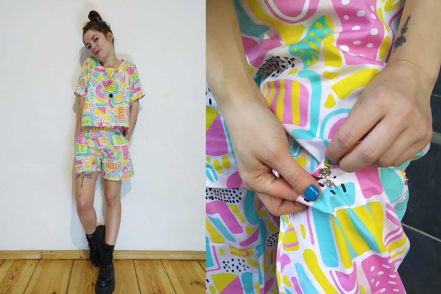 Model wearing multicolored loungewear set with pants and shirt