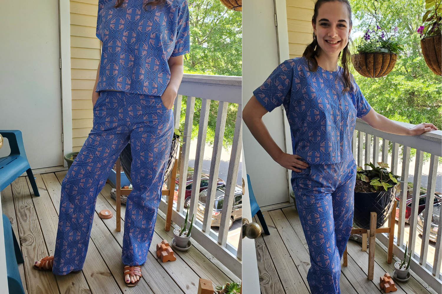 Model wearing blue loungewear set with pants and shirt