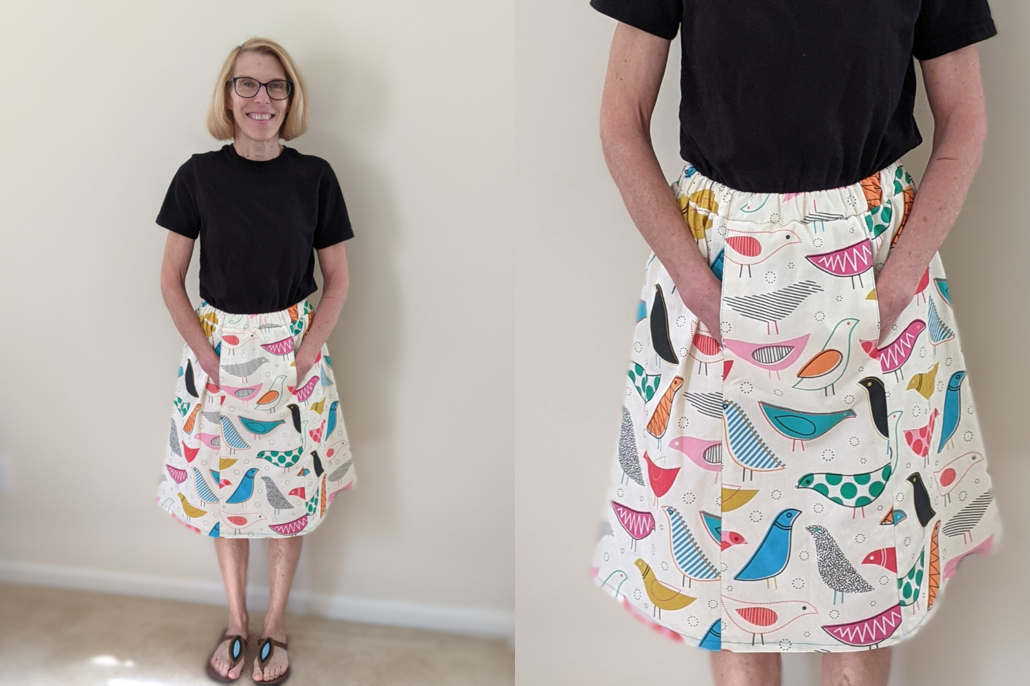 Model wearing white skirt with colorful birds