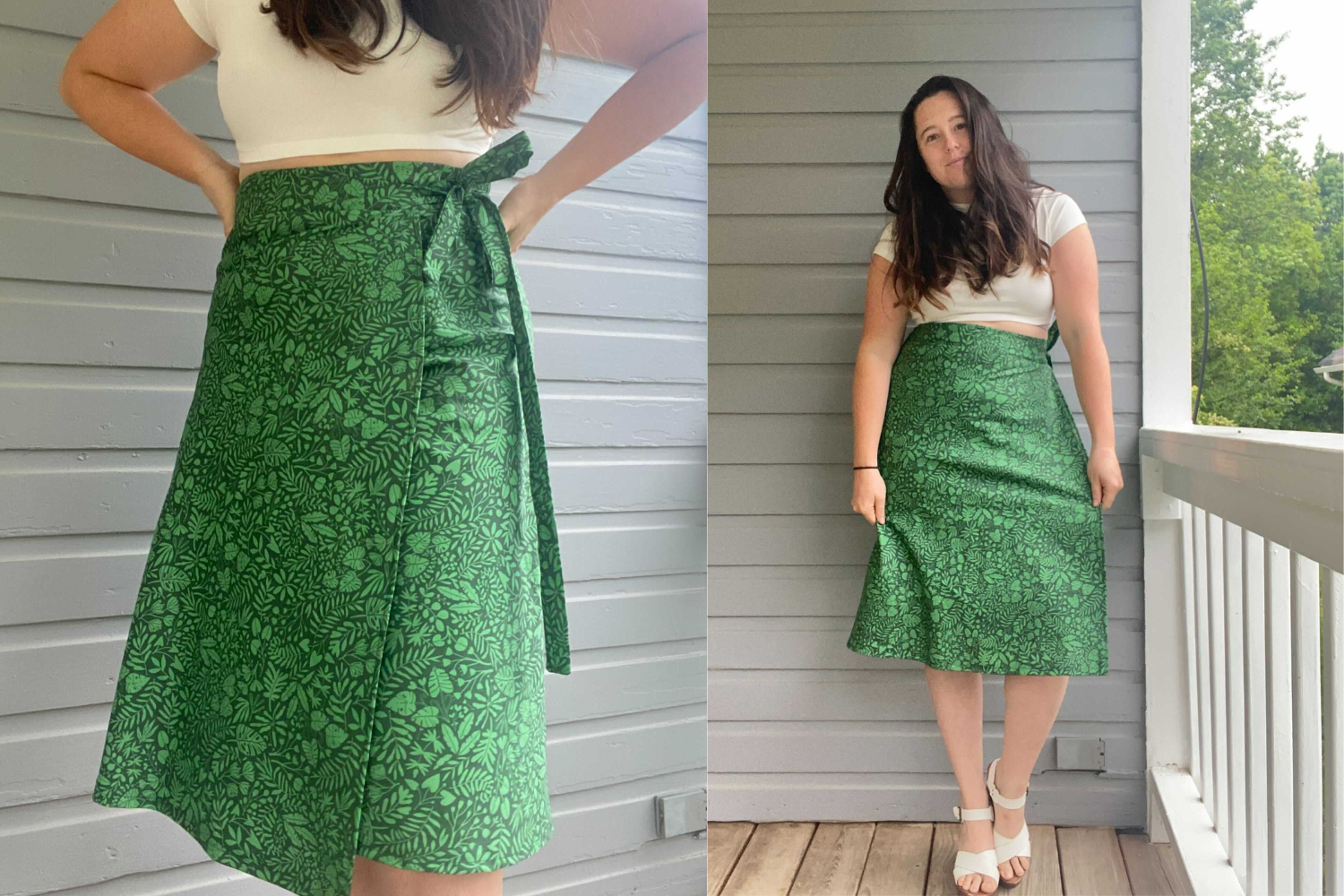 Model wearing green wrap skirt