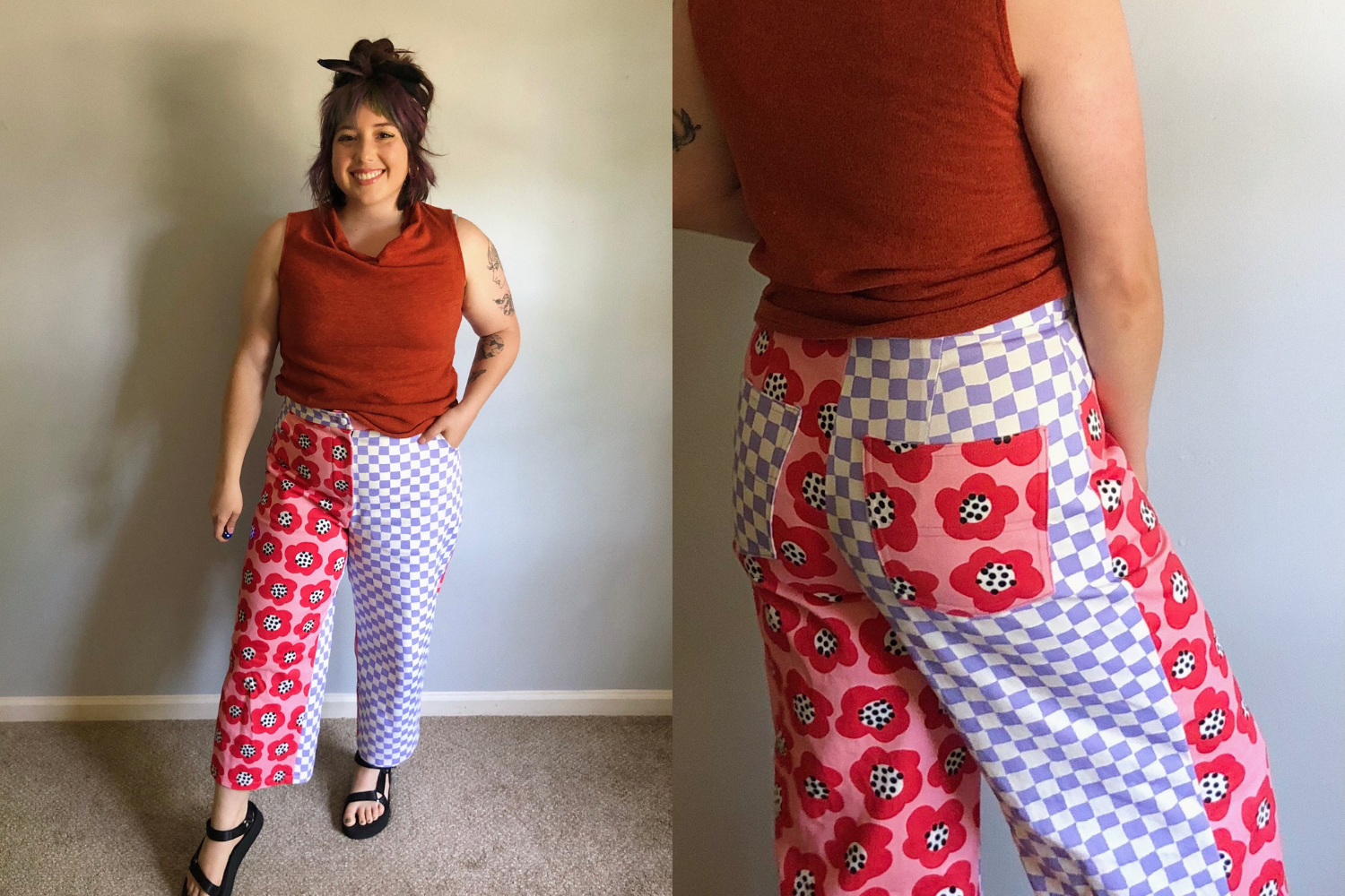 Wide-legged pants with checkered and floral patterns