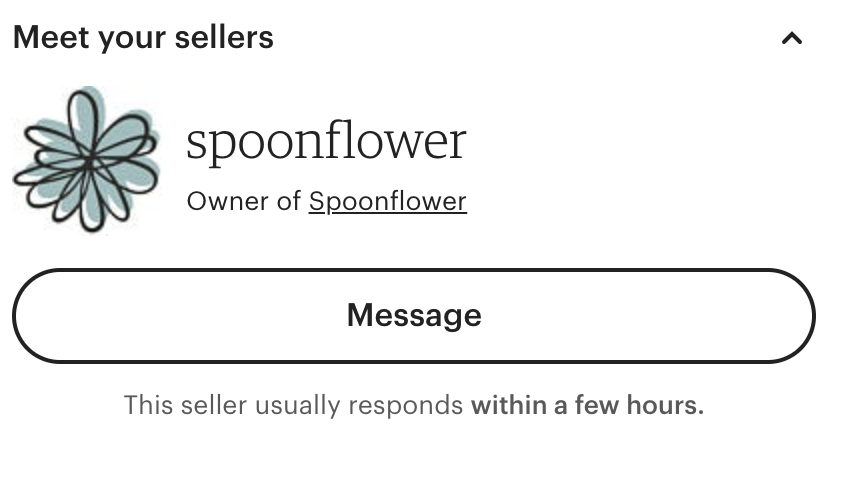 Spoonflower Etsy page, saying "this seller usually responds within a few hours"