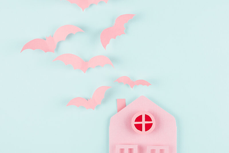 Pastel pink cutout of a haunted house with bats