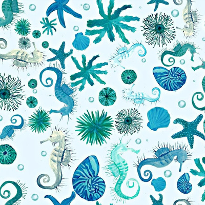 Small sea creatures float through a light blue sea