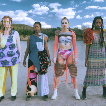 Four models wearing clothes designed by Kelsie Jones