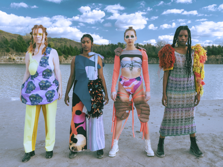 Four models wearing clothes designed by Kelsie Jones