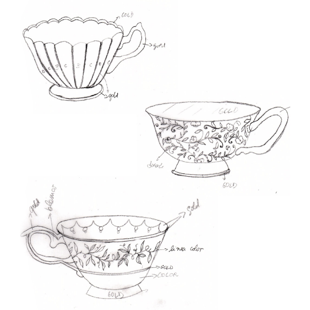 A close up of three black line sketches of teacups with different designs