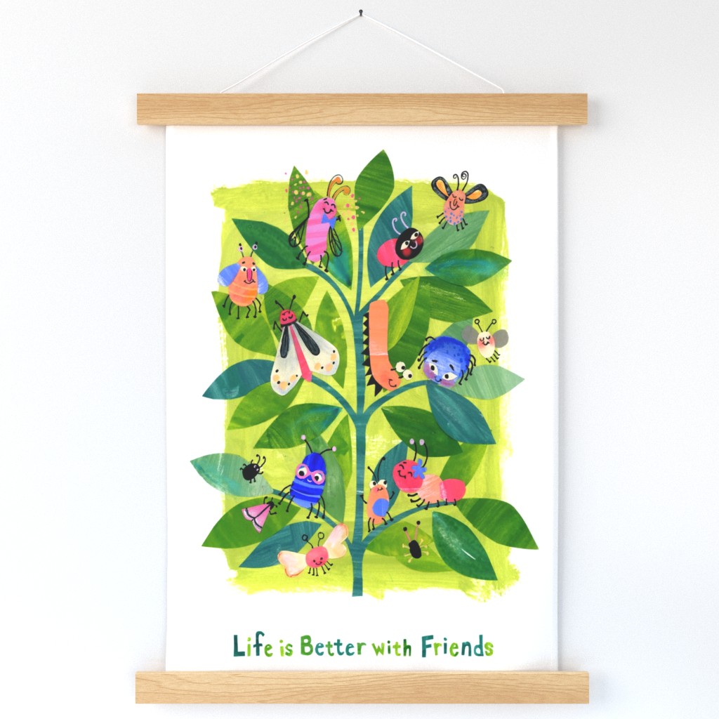 A wall hanging of a tree with green leaves, whose branches are filled with colorful bugs, hangs on a white wall. "Life is Better with Friends" is written in various shades of green along the bottom.