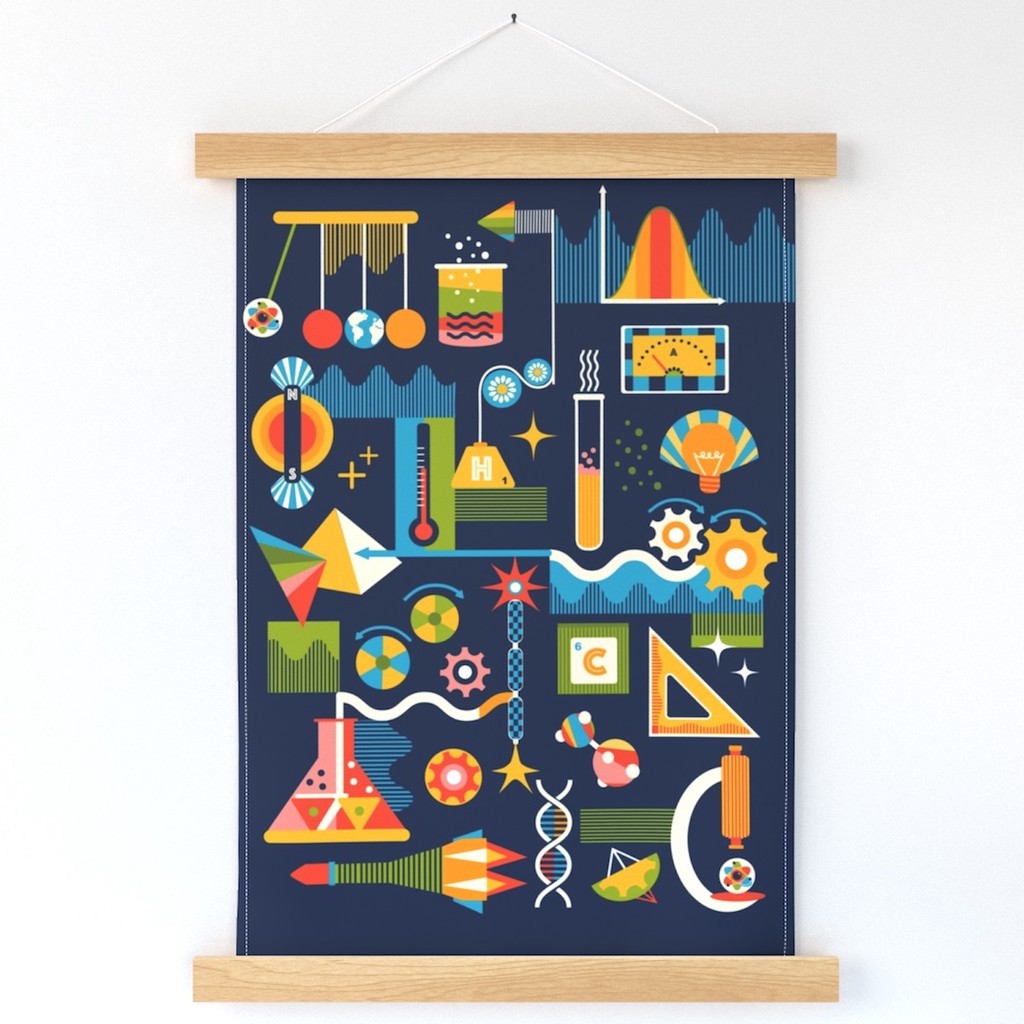 A wall hanging with colorful tools for science, a beaker, test tube, ruler and lightbulb among them, appear on a navy background hangs on a white wall