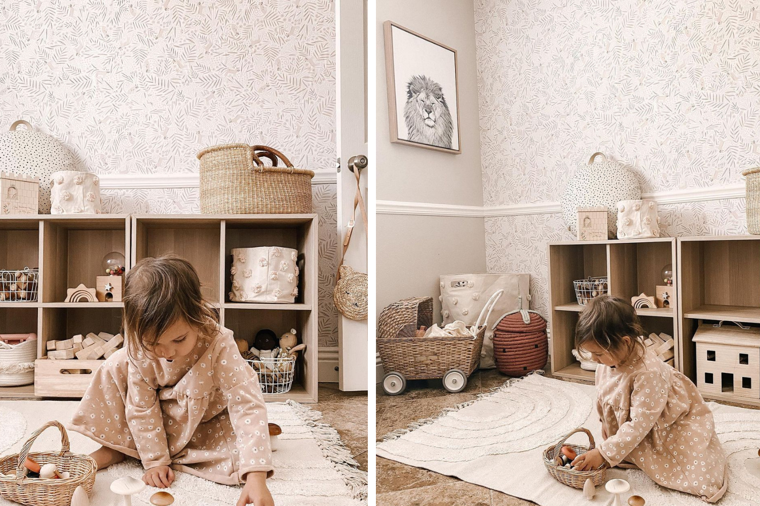 Toddler playing in a room with calming neutral wallpaper