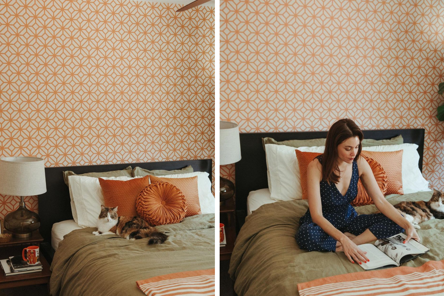 Bedroom wallpaper with orange geometric design