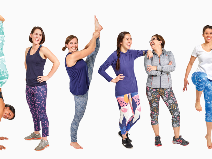 Lineup of women stretching in different pairs of handmade leggings