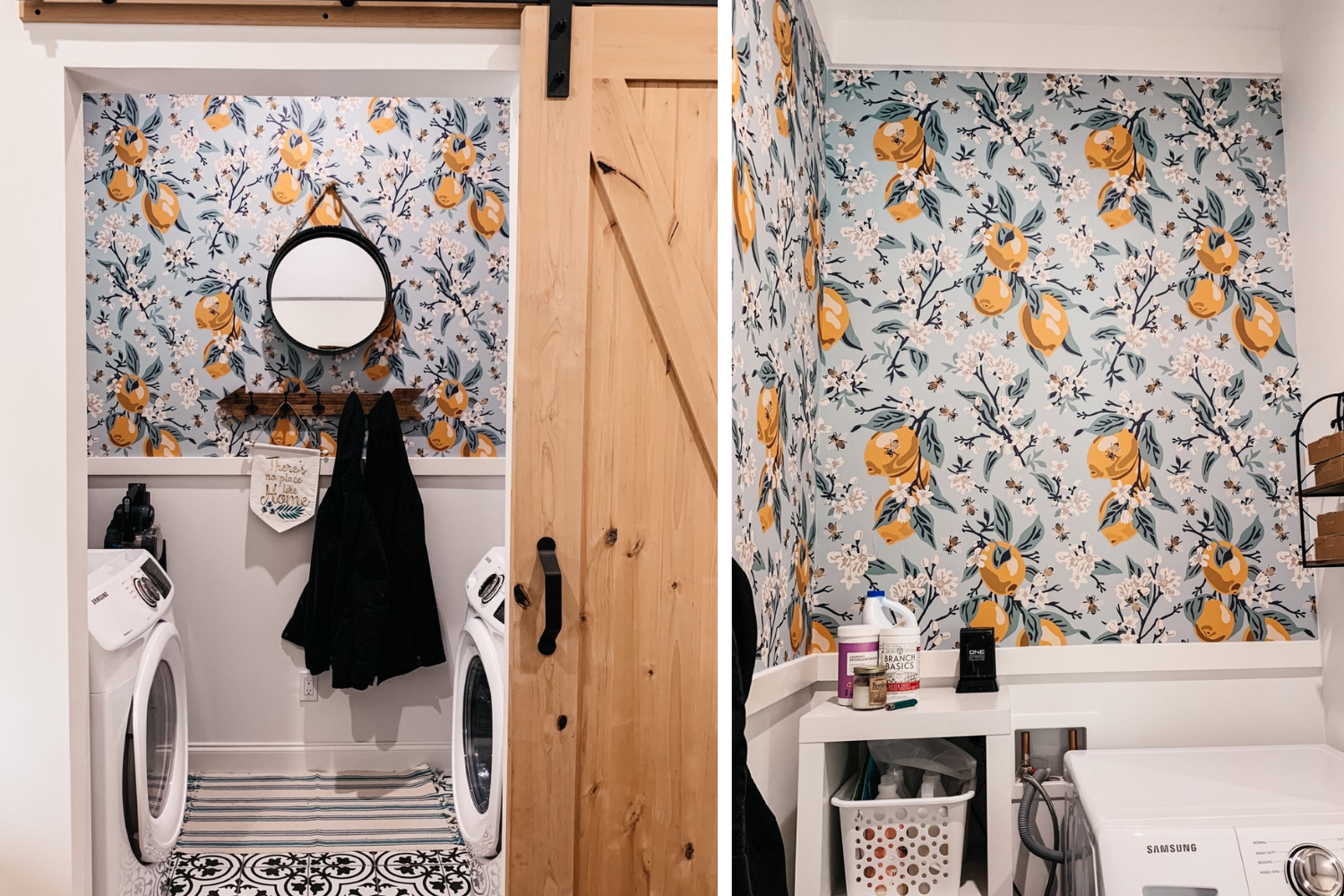 Laundry room with lemon wallpaper