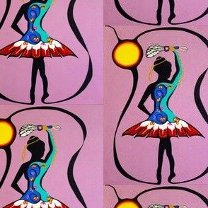 Design features a ballet dancing figure on a pink background which is based on an original acrylic painting by the artist (modeled after Shana’s granddaughter who does ballet). The piece is called All Nations Dance and shows Pacific Northwest Coastal on the skirt, the body part is based off Metis and the fan with feather is based off Plains as well as the jingles on the arms.