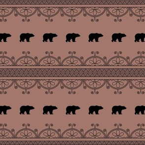 An earth-toned mauve background with black bears and decorative patterns in a horizontal orientation. This small-scale print would work well for clothing, scarves or smaller applications.
