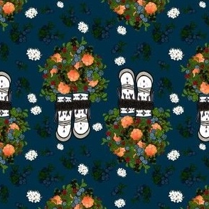 A repeating design with blueberries and salmonberries coming out of a pair of white fur boots on a dark blue background. There are small white flowers and clusters of blueberries surrounding the berries and boots. 