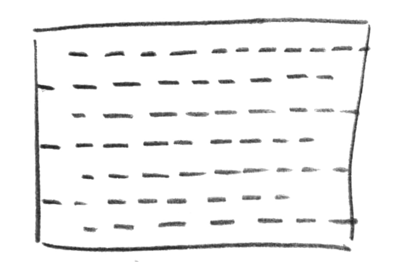 This image shows how to cut strips from a single sheet so that you can crochet them together into a rug. The image is of black box drawn on a white background. The box has seven dotted lines running across it indicating where to cut so that one sheet turns into one long strip of fabric. 