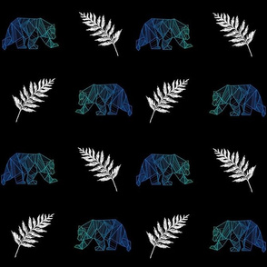 This design features alternating white ferns and blue and green bears hand drawn in a geometric style repeating over a black background. Each row of ferns and bears alternate direction horizontally.