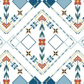 A design that combines Dakota traditional art with argyle designs. Rows of large white diamonds go throughout the width and height of the design on a white background. A row of small dark blue and light blue diamonds and a row of small white diamonds go through the larger white diamons alternately. Small red flowers go down the middle of each large white diamond. The small red flowers also branch out a bit at the tops and bottoms of the large white diamonds.