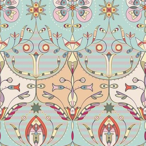 An Art Deco-inspired design with Dakota motifs. Circles and half moons repeat in this design with pink flowers and cream, orange and burgundy accents and smaller flowers, all connected by delicate black lines.