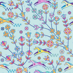 Small yellow and purple horses run through a light turquoise background with large delicate flowers emerging from dark purple starks growing through the design. The flowers are a mix of green and yellow and pink and red and lavender.