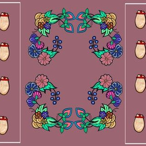 Ojibwe floral with elk teeth design by My Little Native. The blue and pink flowers are arranged in circular patterns in between vertical strips of the elk teeth. This small-scale design is on a mauve background color.