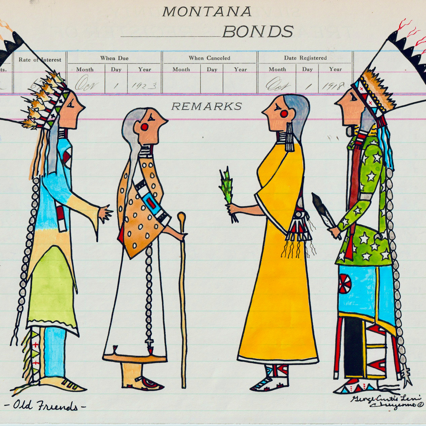 Original artwork by George Curtis Levi entitled ‘Old Friends’. The drawing shows 4 indigenous figures facing one another and is based on traditional Cheyenne Ledger Art.