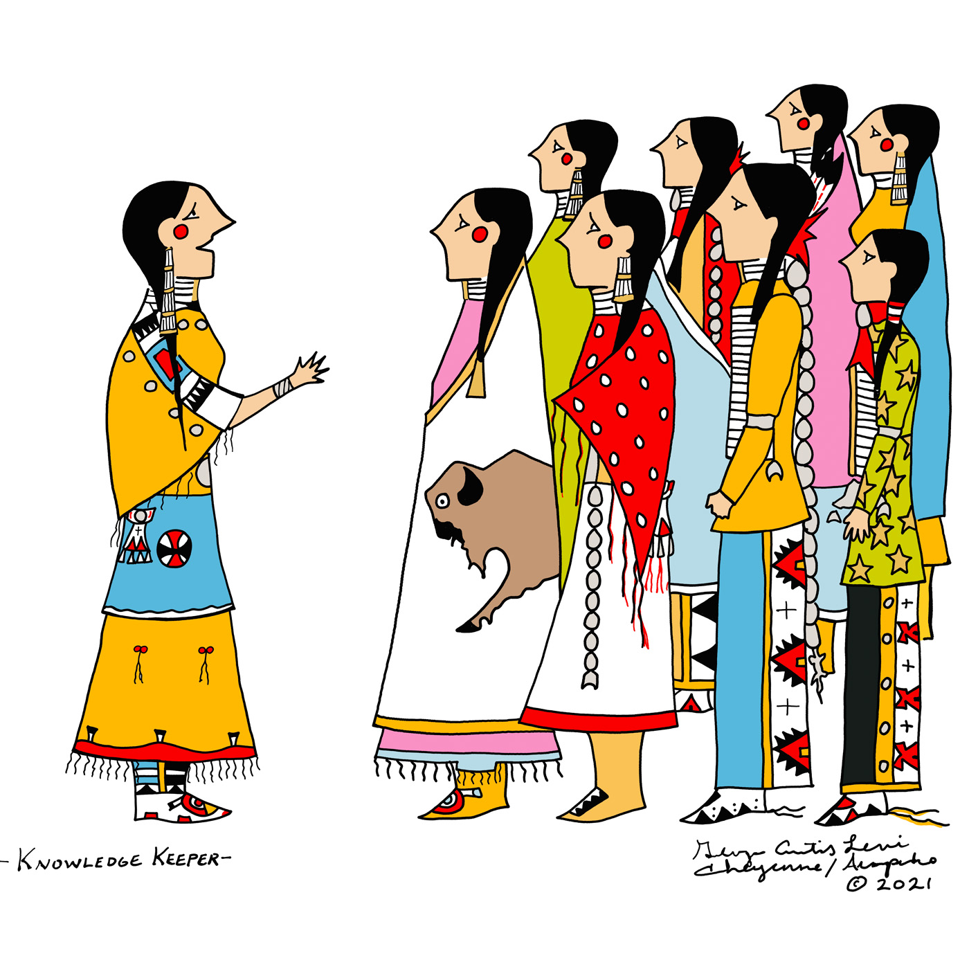 Original artwork by George Curtis Levi entitled ‘Knowledge Keeper’. The drawing depicts a figure addressing a group of people in their community. Everyone is wearing bright clothing in yellow, blue, red, green and pink.