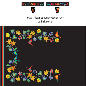 An Ojibwe floral design with three small red birds on a black background designed to print at two yards for a skirt and moccasin set. The bottom third of the design is a solid black background with a U-shaped floral design with red, yellow and blue flowers growing out of green stems to be made into a skirt. There are two small birds on the flowers on the left and one small bird on the flowers on the right. At the top of the fabric for the moccasins are two small bands, also with a black background. They each have a small red bird and a strip of blue, orange and red flowers. Two smaller rounded triangles of fabric are underneath the strips, they have a black background and small red and orange flowers on them.