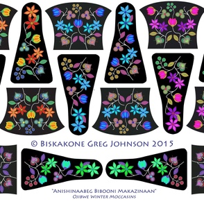 Four Ojibwe winter moccasin sets laid out on fabric. They all have a black background. The pair on the left has orange flowers, the pair in the center has blue flowers and the pair on the right has bright purple flowers. Across the bottom, the pair has green flowers.