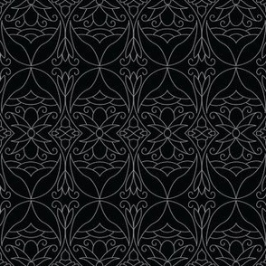 Woodland/Coastal floral Ojibwe, Cree, Metis print design with rows and columns of repeating flowers in white outline on a black background. The flowers are delicate, almost scroll like, extending both up and across the design.