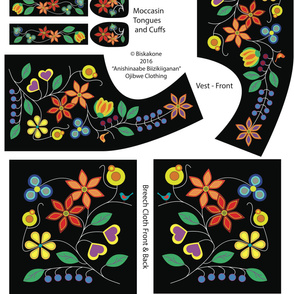 An Ojibwe clothing set laid out on fabric that includes a vest, tobacco bag, moccasins, Breach cloth and armbands. The floral design has a black background with red, orange and blue flowers growing from green stems with green leaves. There are also small red birds with blue wings and small blue birds with red wings.
