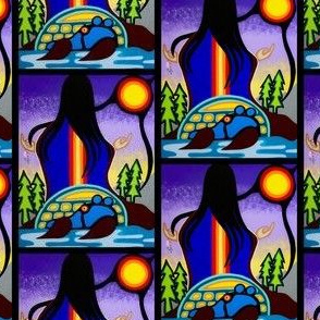 A small-scale repeating pattern by Shana Yellow Calf Lukinich of 10buffalosart in vibrant purple, blue, green and yellow colors that depicts a figure whose outstretched arms are facing towards the sun in a natural area filled with trees, earth and water. Design is based on Shana's original acrylic painting and is modeled after the artist’s mother who is Meti.