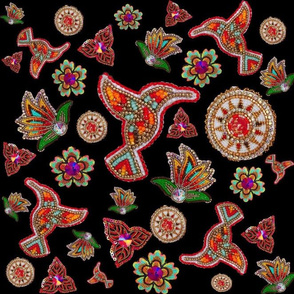 A scattered collage print of various beadwork pieces: florals, birds and circles. Each of these elements is made of gold, red, burgundy, greens and beige beads on a flat black background.