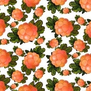 A repeating design of rows of large orange salmonberries with green leaves. There are rows of smaller salmonberries in between the rows of larger ones.