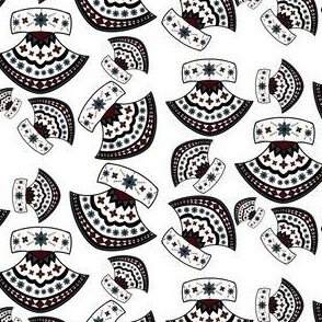 A repeating design of black uluaqs on a white background. The uluaqs have a small flower design on both the handle and the knife.