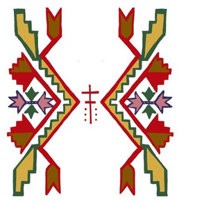 This woodlands floral loomwork design features a bold pattern in red and gold on white background. The main pattern of the loomwork is positioned vertically and would work well for clothing and home decor.