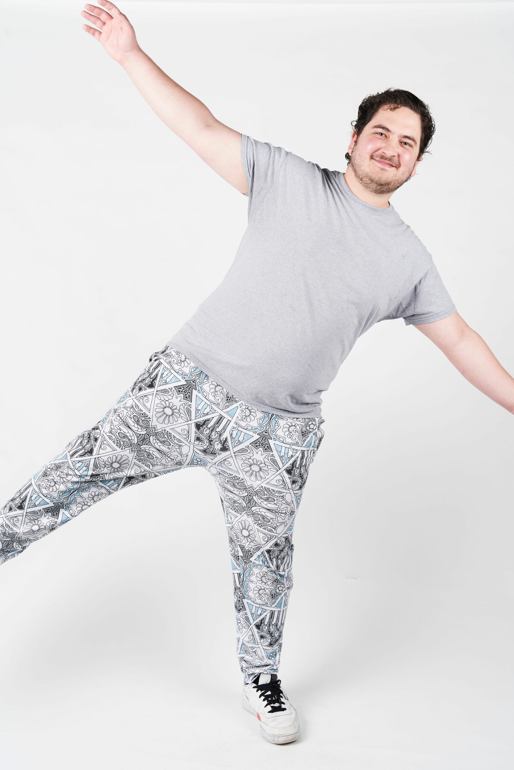 Caleb with his black, white and blue Jewish inspired design joggers