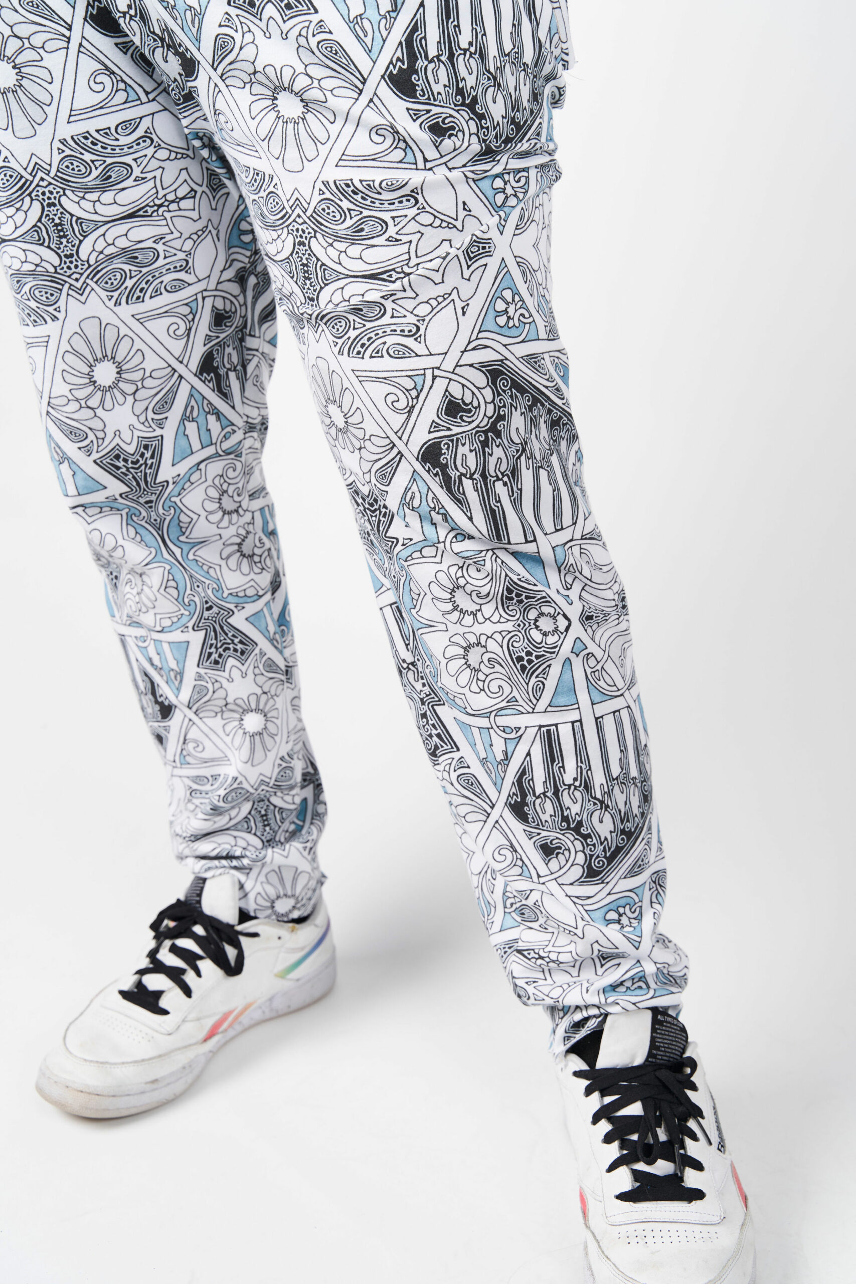 Caleb with his black, white and blue Jewish inspired design joggers