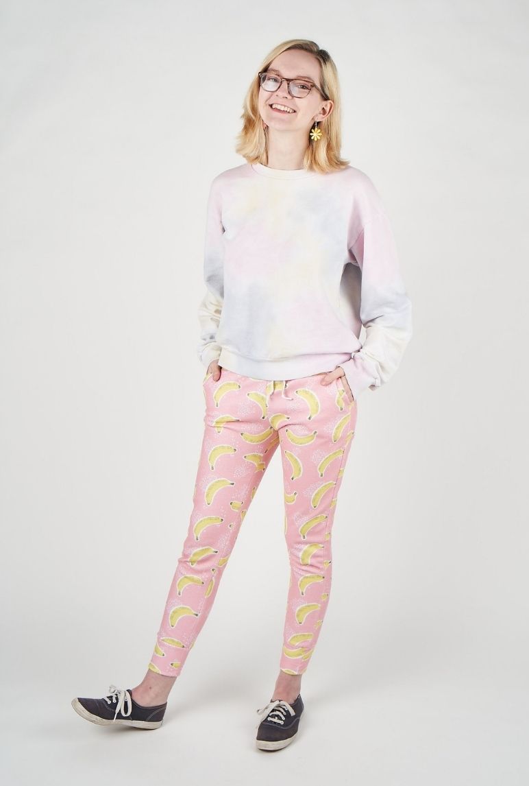 Anna's pink joggers with yellow bananas
