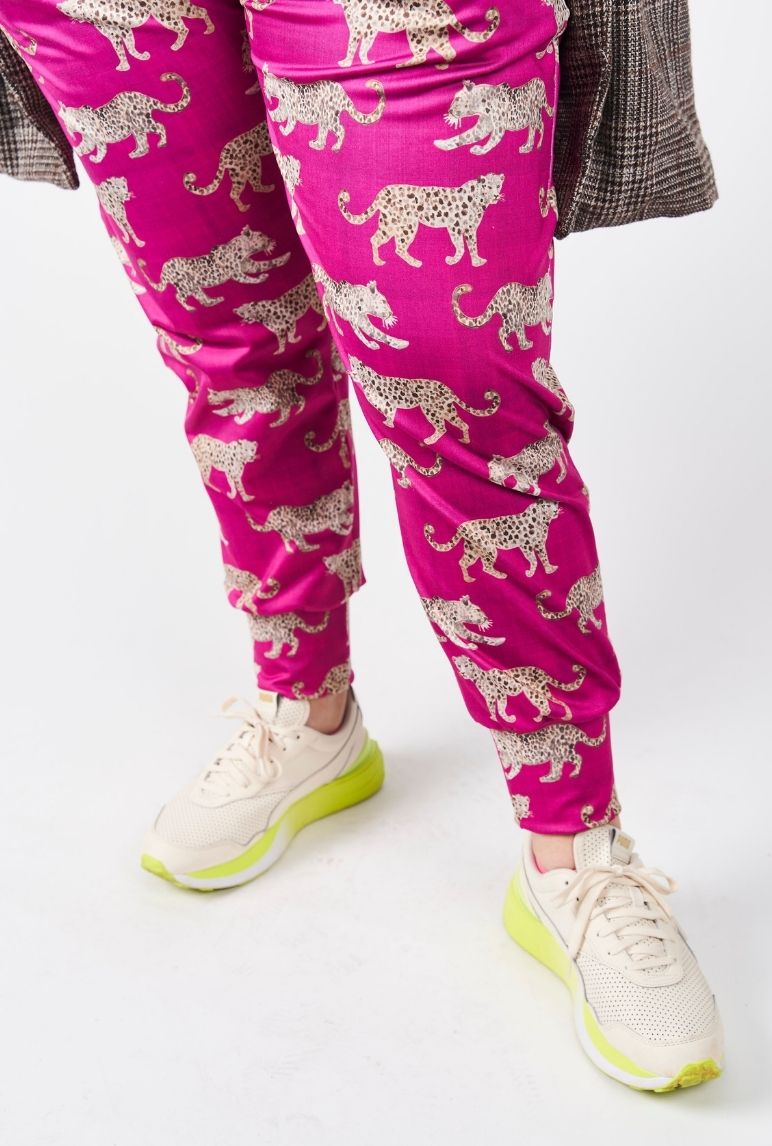 Missy wearing pink joggers with leopards