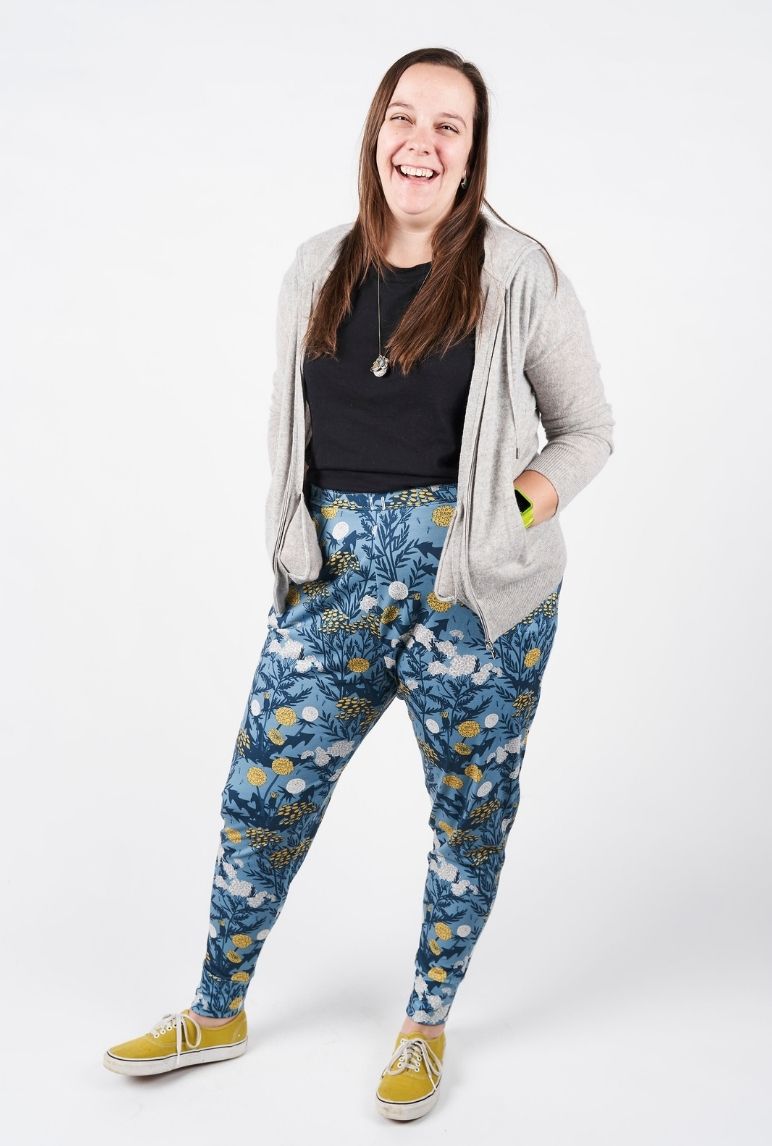 Sarah wearing her blue joggers with yellow and white florals