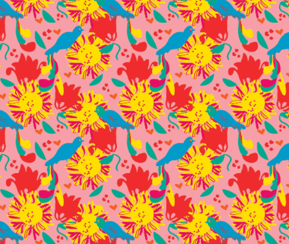 Blue birds perch on yellow flowers with yellow and magenta petals on a pink background.